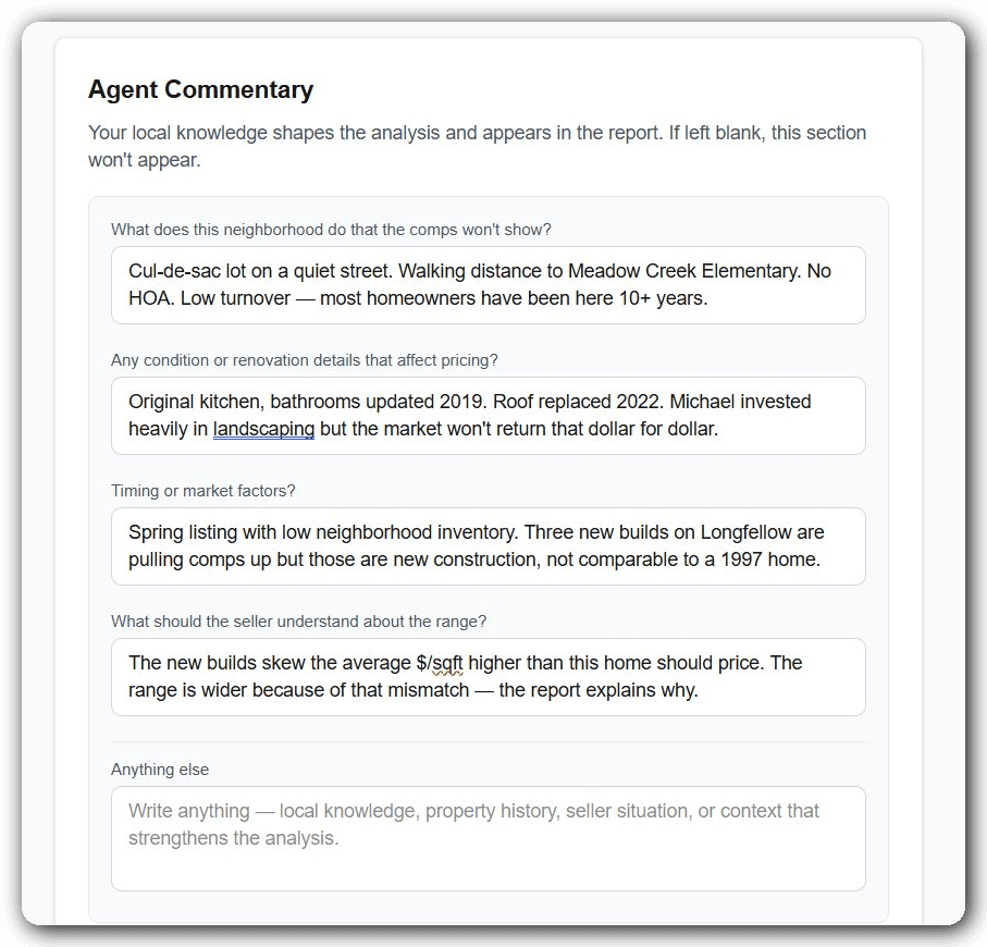 CMA Generator agent commentary builder with four guided questions