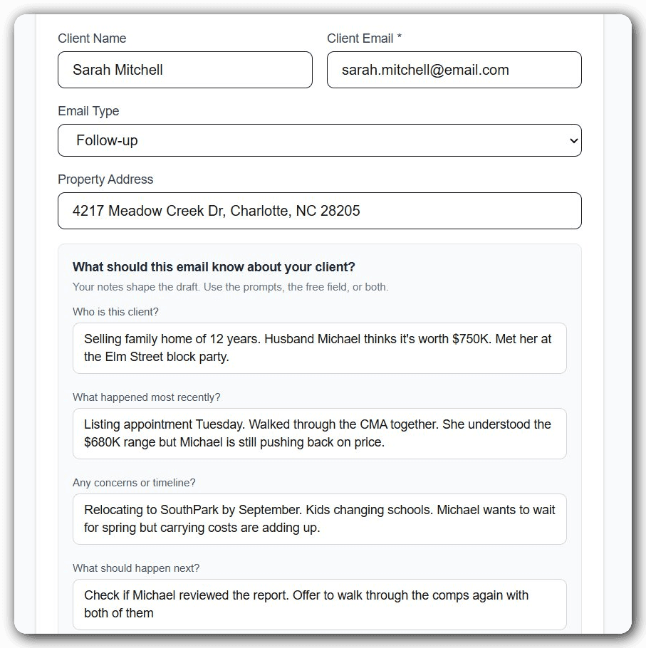 Email Drafter context builder with four guided questions filled in