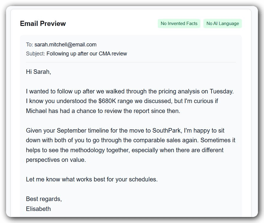 Personalized follow-up email referencing Tuesday CMA review, price concerns, September timeline
